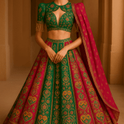 Rani pink to green lehenga style with position print & zari and sequin embroidery on crepe fabric