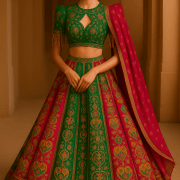 Rani pink to green lehenga style with position print & zari and sequin embroidery on crepe fabric