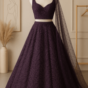 Purple lehenga style with heavy hand embroidery on net fabric