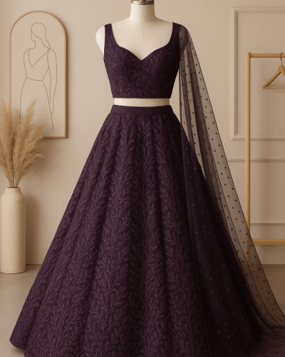 Purple lehenga style with heavy hand embroidery on net fabric