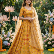 Yellow lehenga style with patola printed fabric