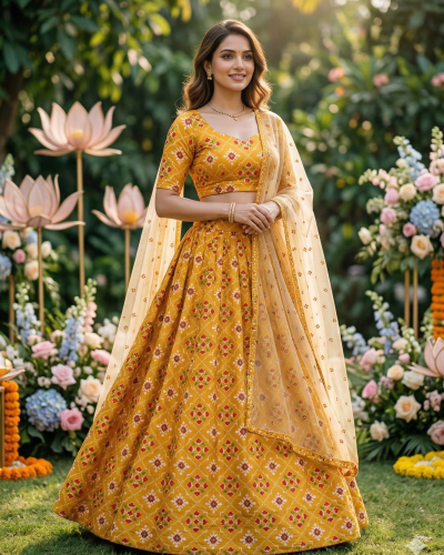 Yellow lehenga style with patola printed fabric
