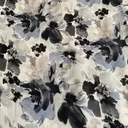 Grey printed georgette fabric with black and white floral pattern