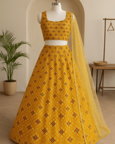Yellow lehenga style with patola printed fabric