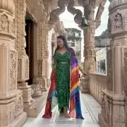 Green Dhoti Skirt Co-ord Set with Multicolour Cape