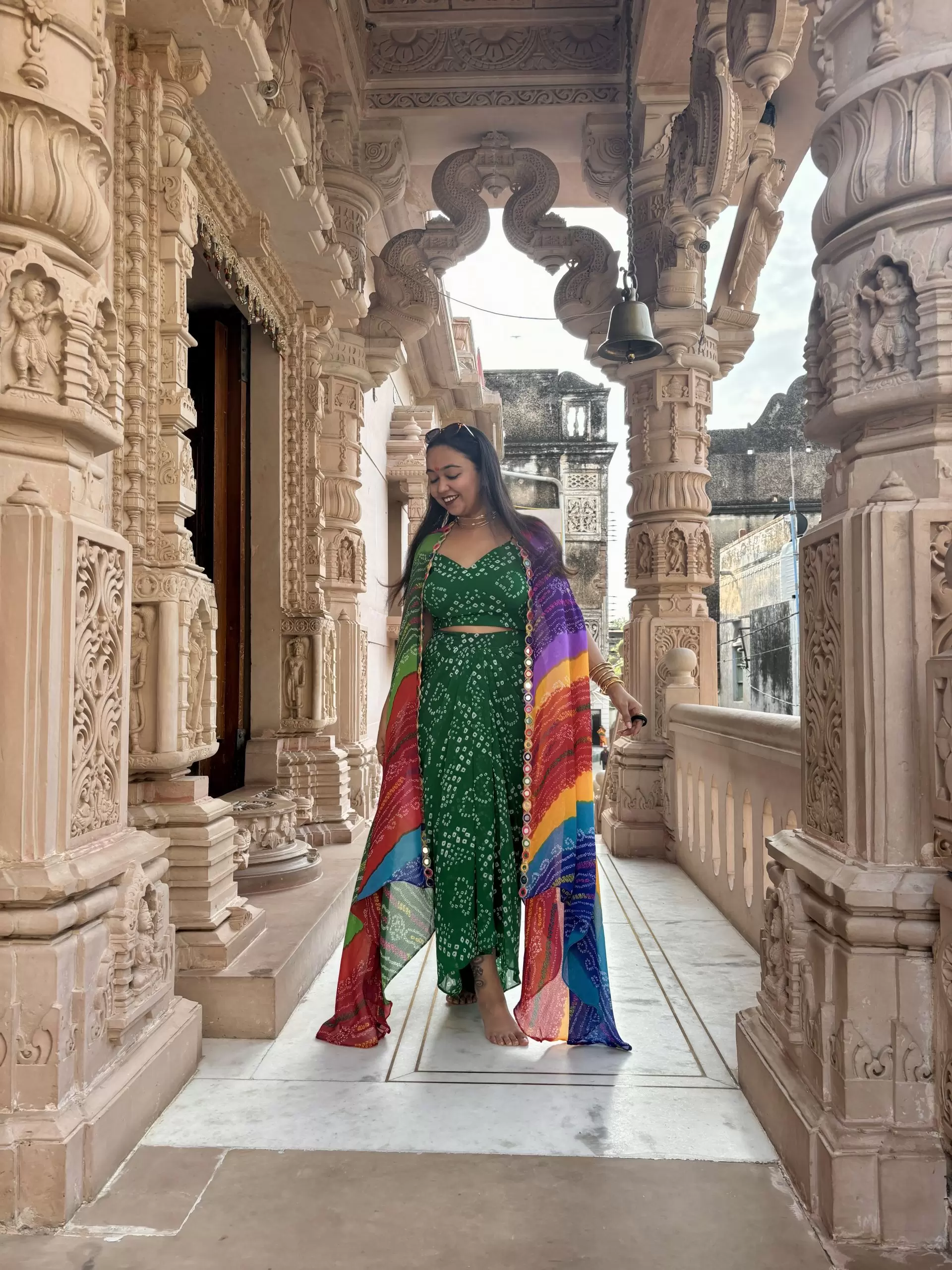 Green Dhoti Skirt Co-ord Set with Multicolour Cape