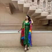 Green Dhoti Skirt Co-ord Set with Multicolour Cape