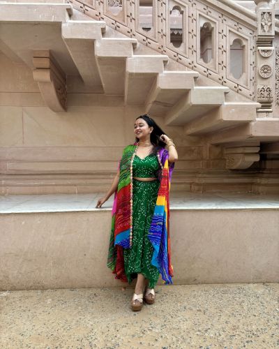 Green Dhoti Skirt Co-ord Set with Multicolour Cape