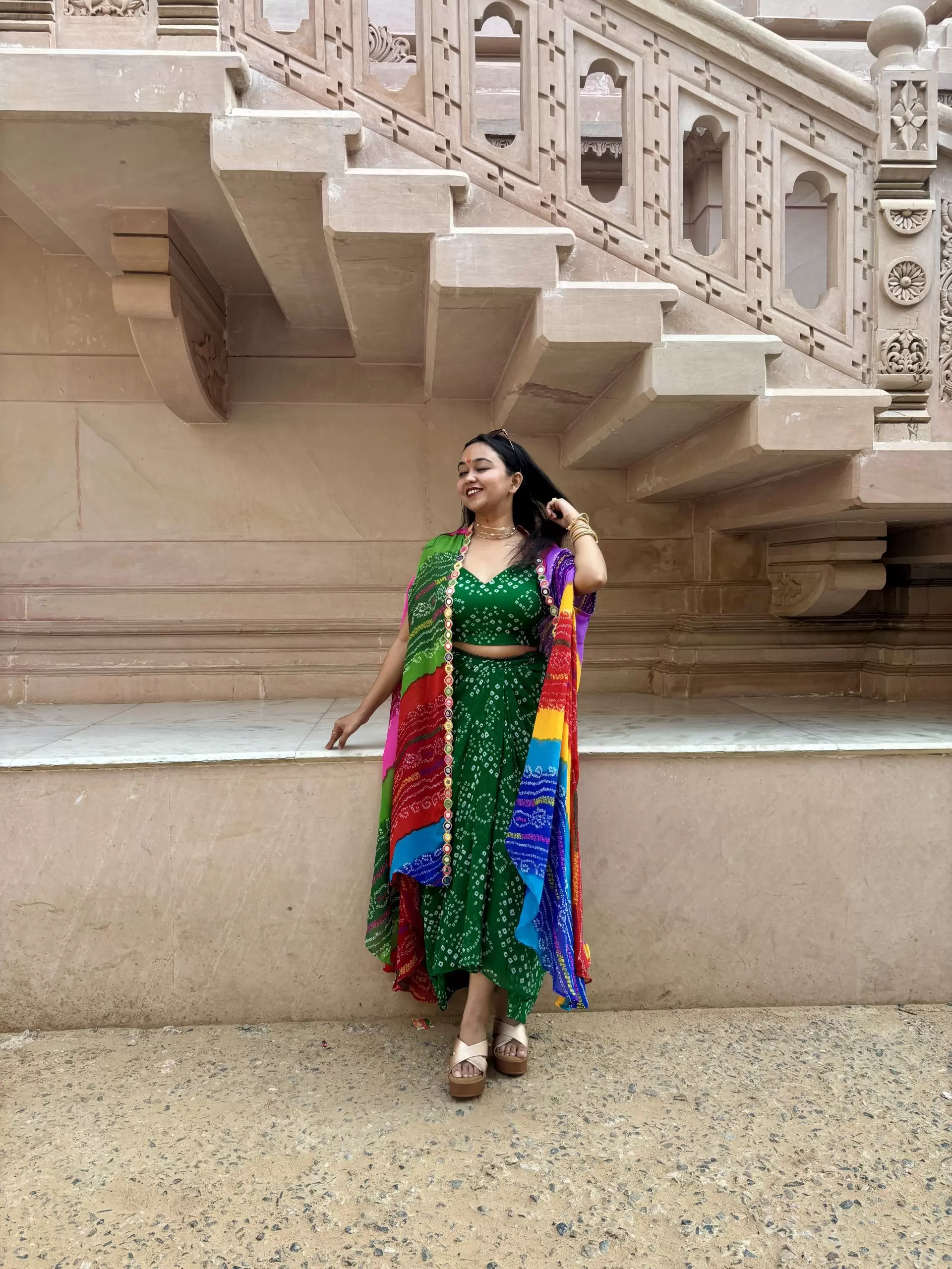 Green Dhoti Skirt Co-ord Set with Multicolour Cape