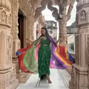 Green Dhoti Skirt Co-ord Set with Multicolour Cape