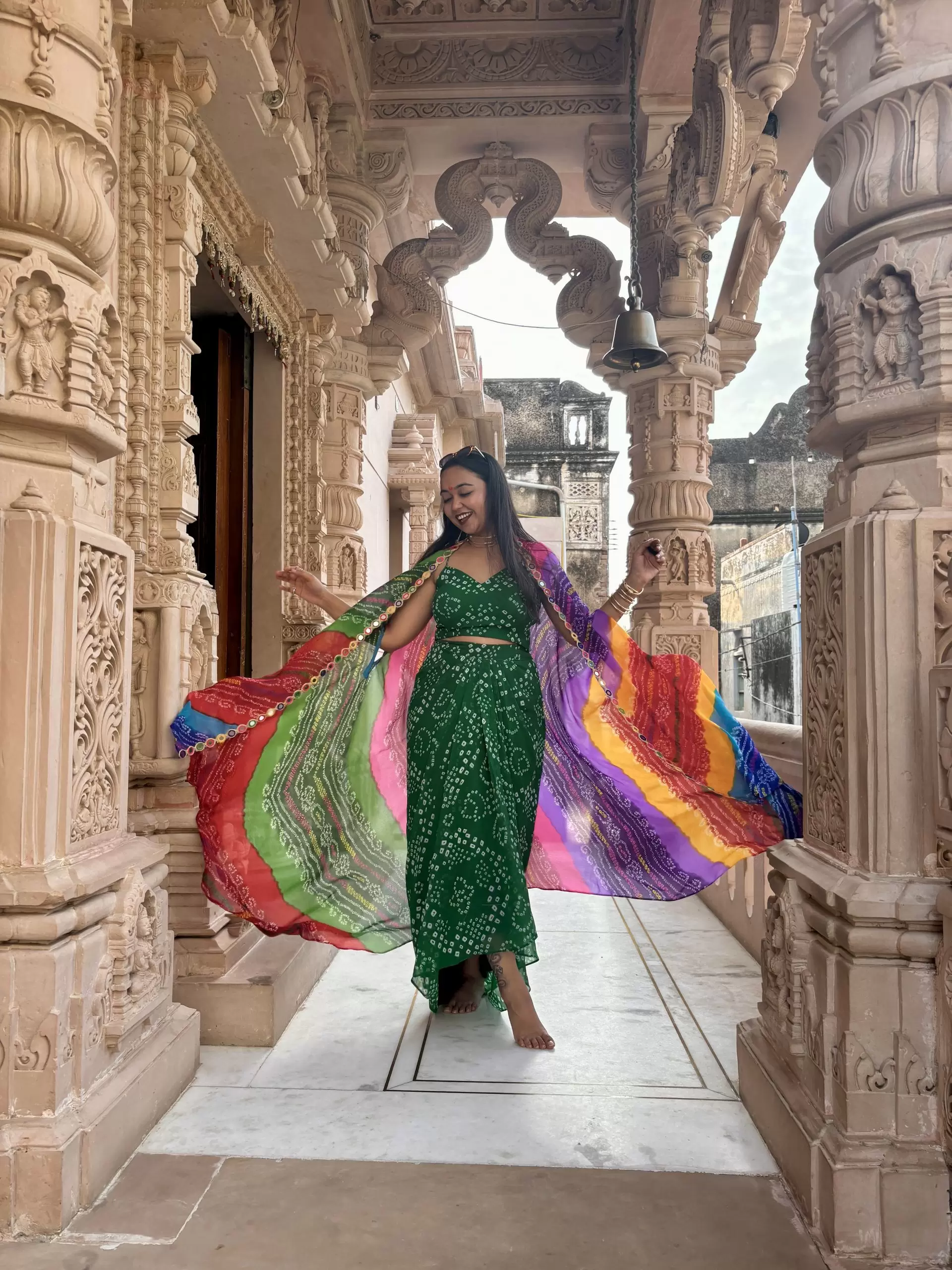 Green Dhoti Skirt Co-ord Set with Multicolour Cape