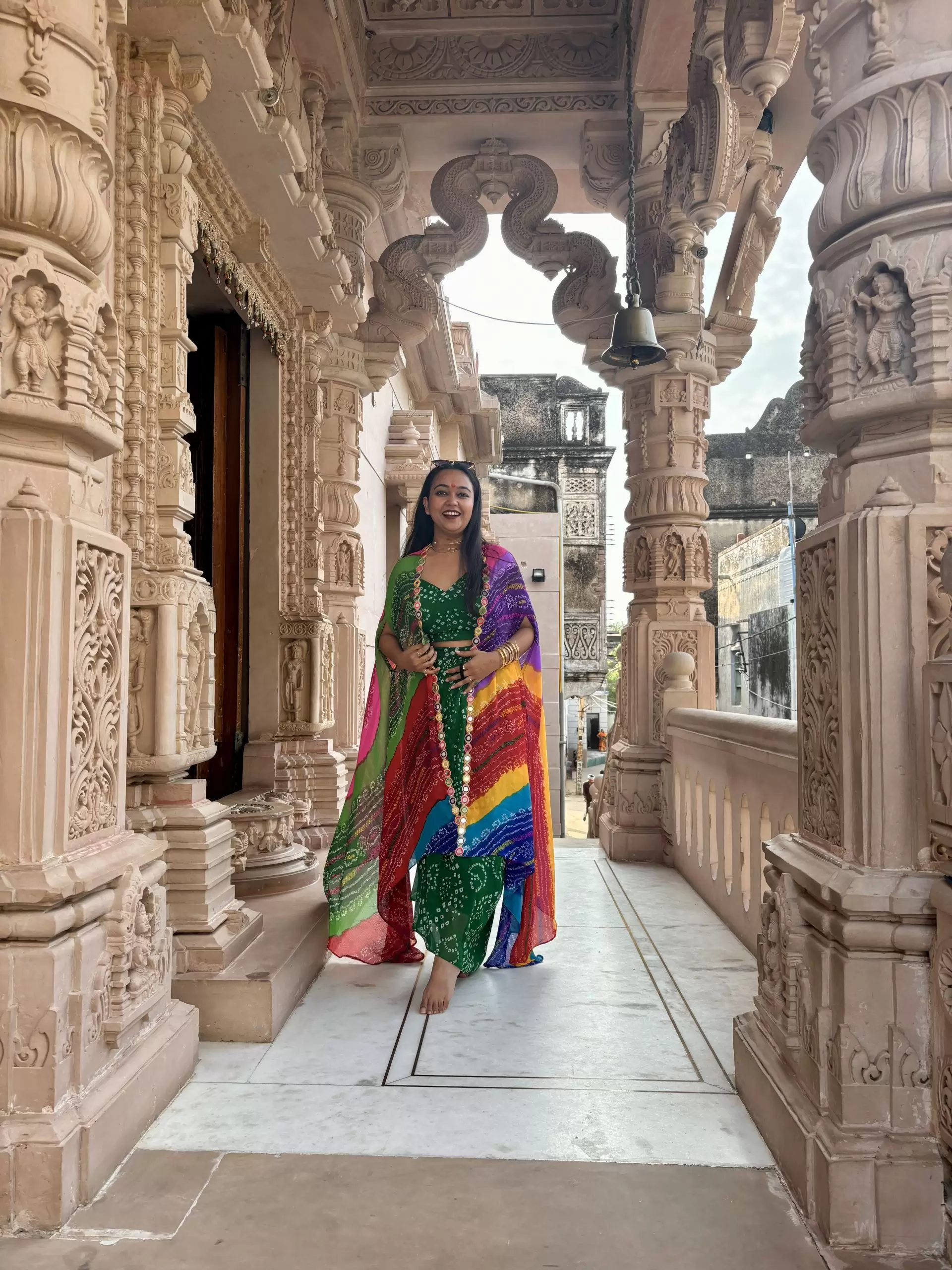 Green Dhoti Skirt Co-ord Set with Multicolour Cape