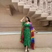 Green Dhoti Skirt Co-ord Set with Multicolour Cape