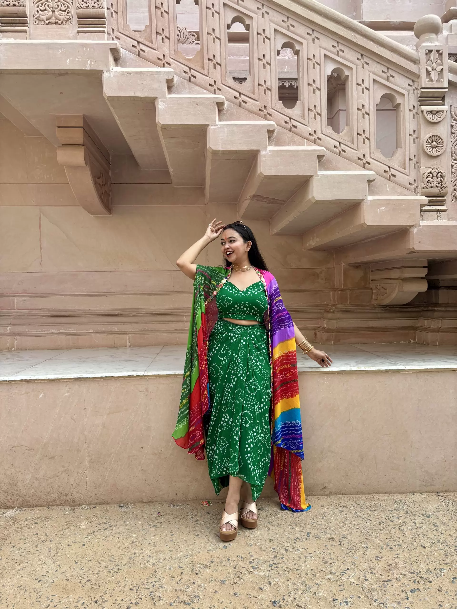 Green Dhoti Skirt Co-ord Set with Multicolour Cape