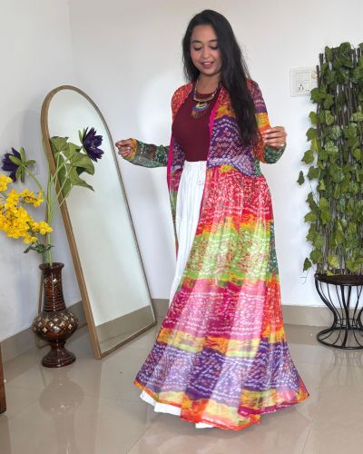 Multi-Coloured Bandhej Printed 3-Meter Chiffon Shrug