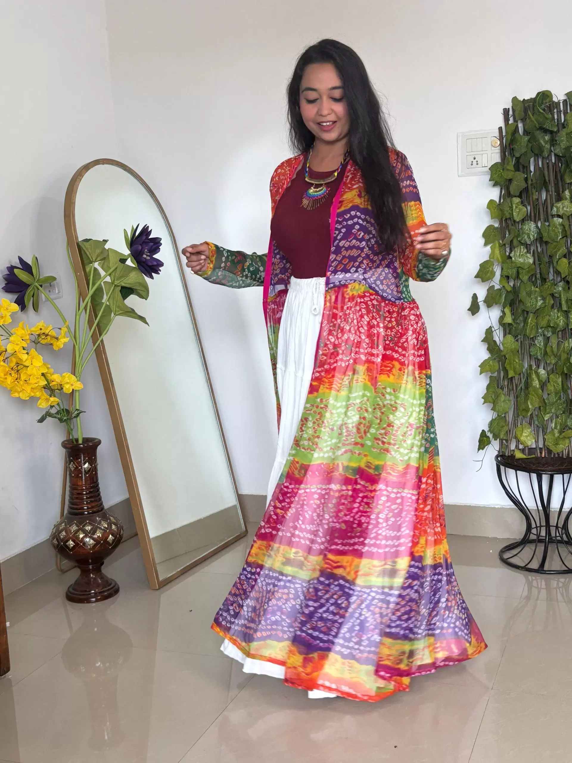 Multi-Coloured Bandhej Printed 3-Meter Chiffon Shrug
