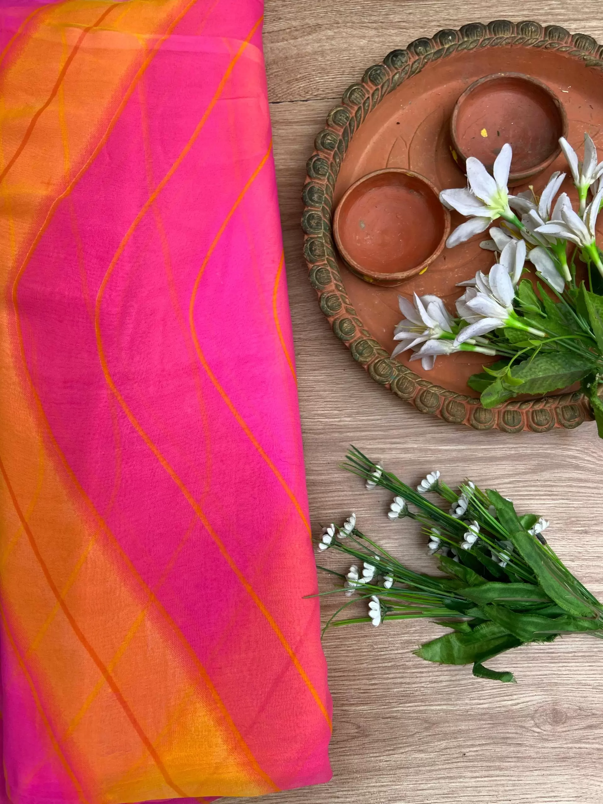 Yellow and pink printed georgette fabric