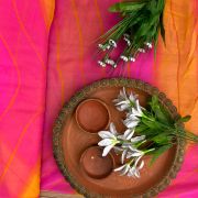 Yellow and pink printed georgette fabric