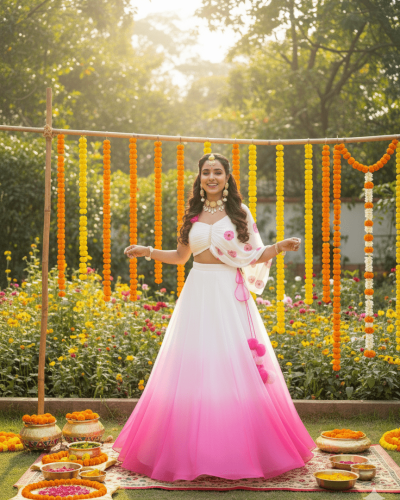 Off White to Rani Pink Ombre Shaded Lehenga Set