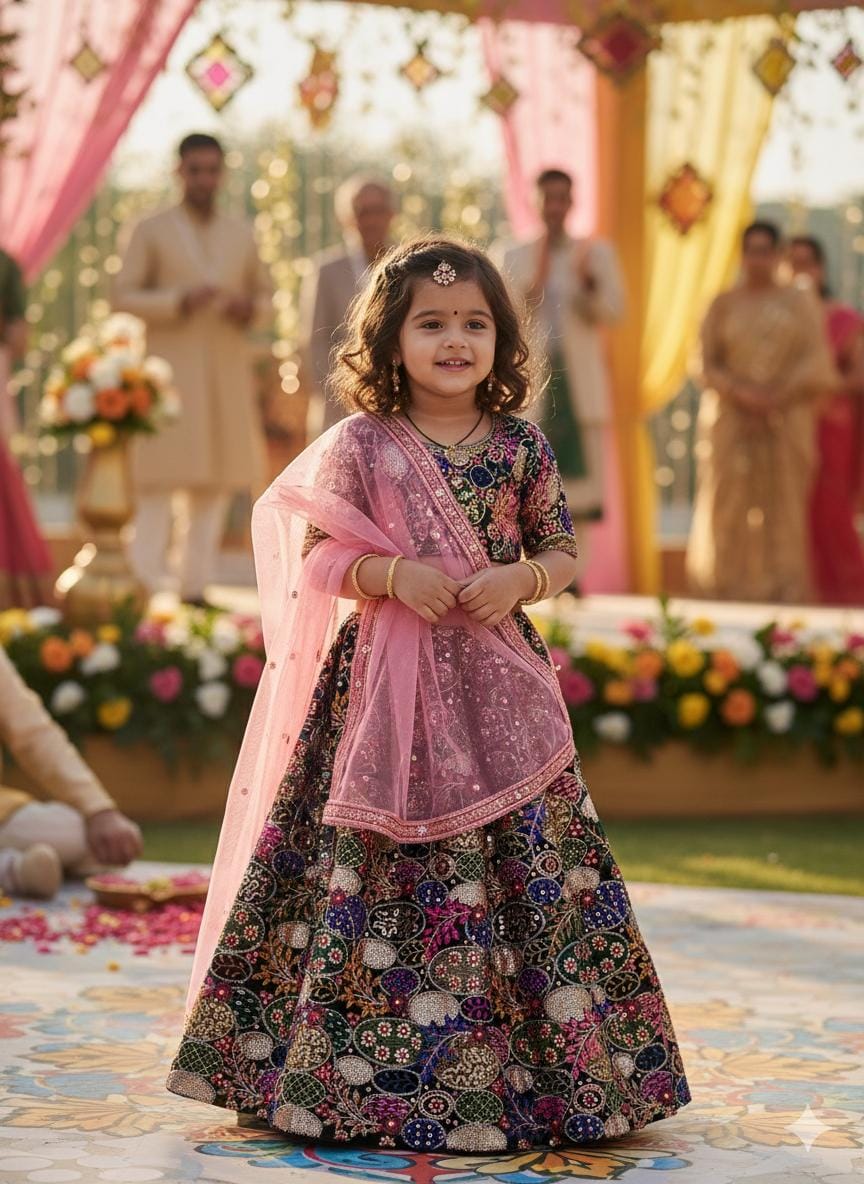 Black multi thread and sequin embroidery lehenga set with dupatta