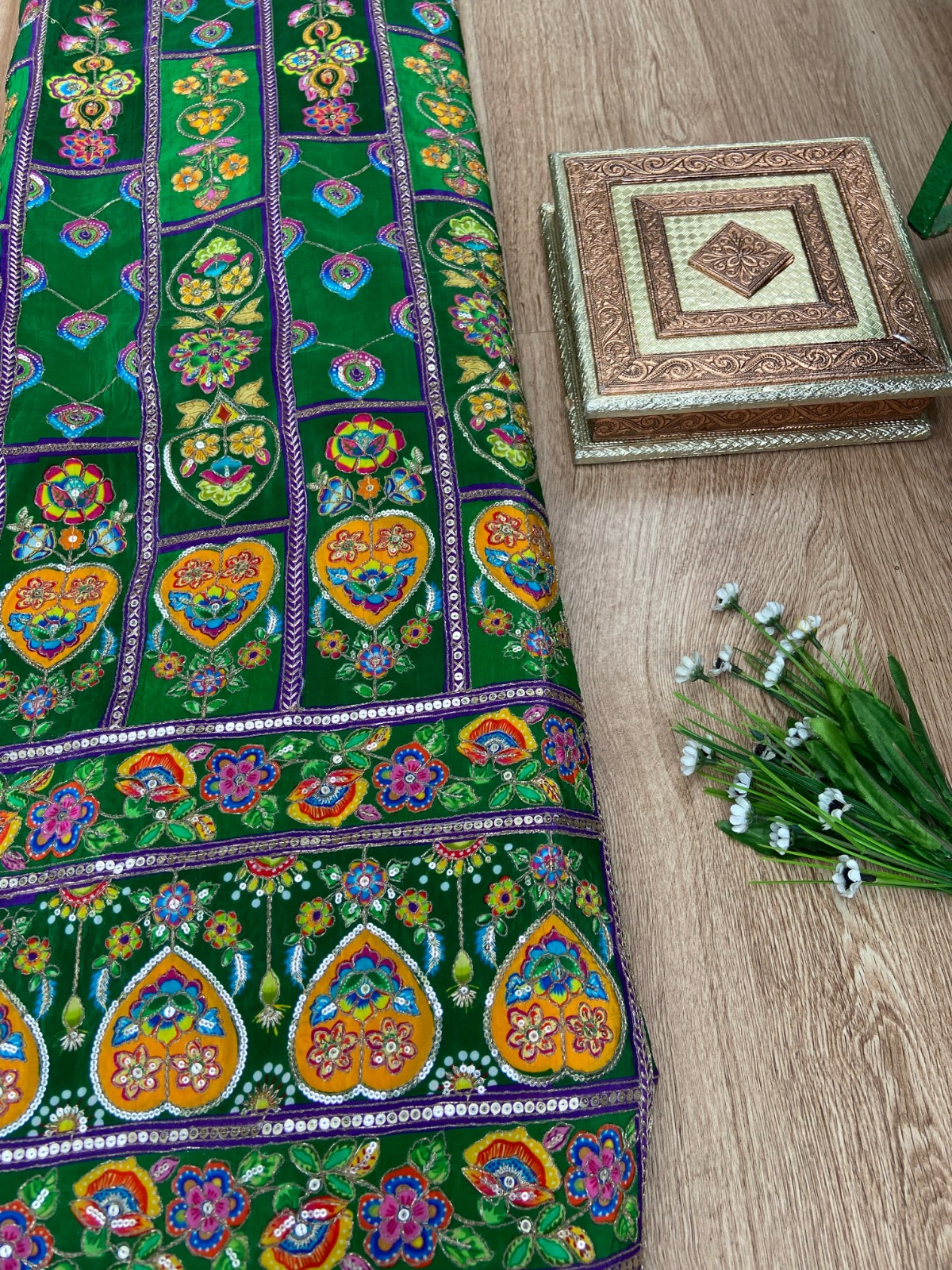 Green multicolour Position Print With Heavy Cording Dori & Sequin