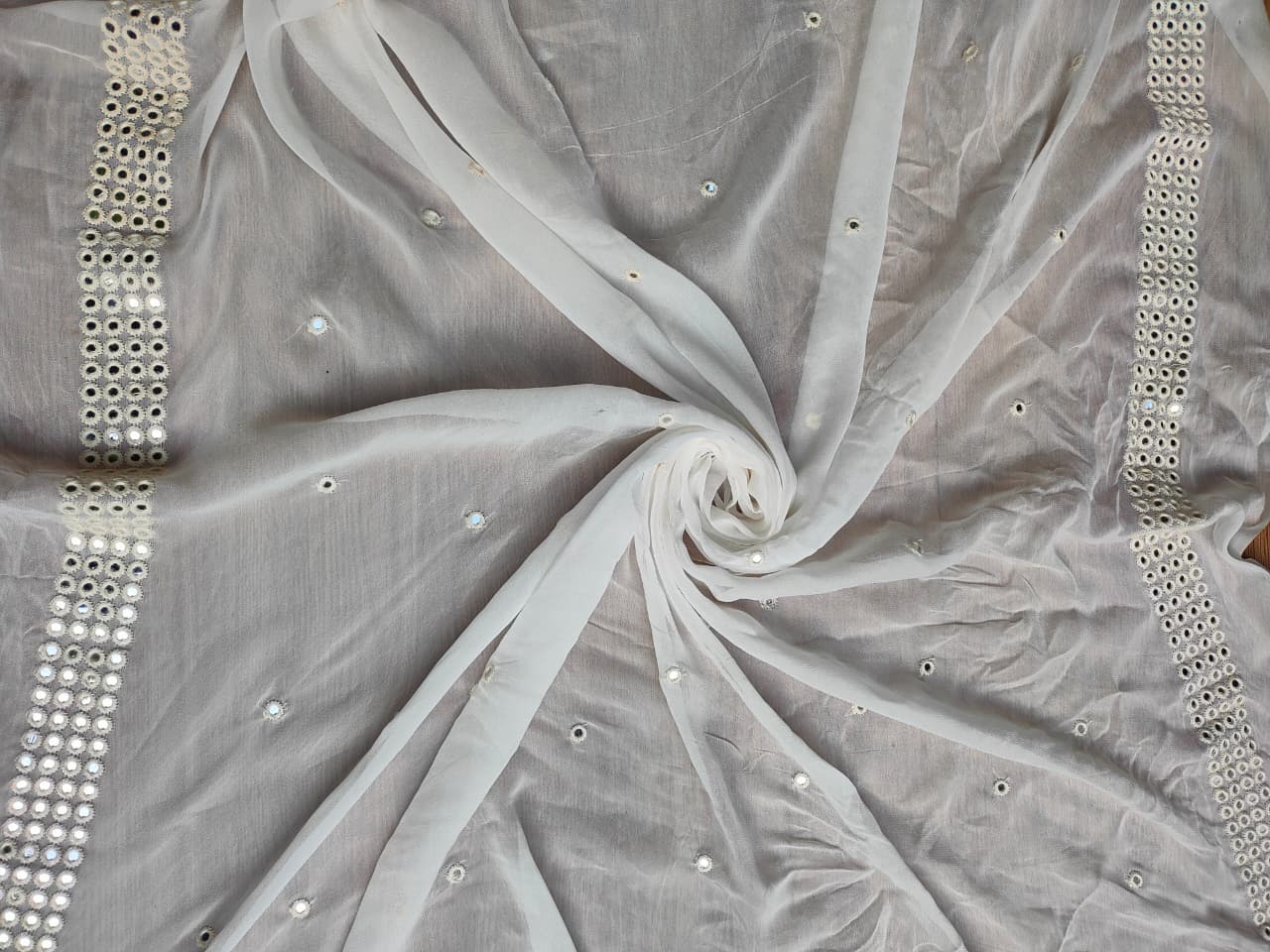 White georgette Dupatta With Mirror Border & Mirror Buti All Over
