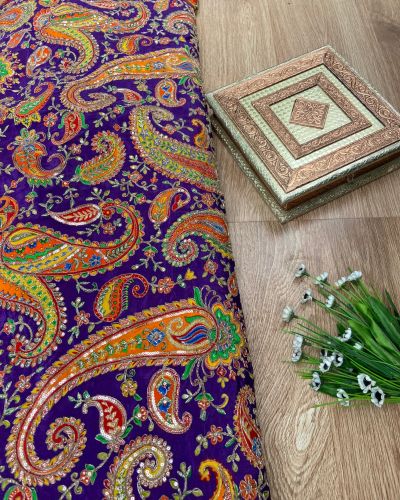 Multicolour Position Print With Heavy Cording Dori & Sequin On Purple Crepe fabric