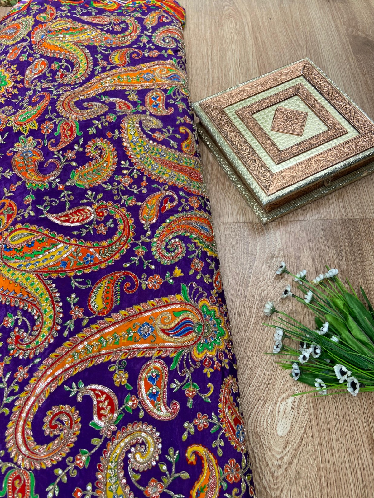 Multicolour Position Print With Heavy Cording Dori & Sequin On Purple Crepe fabric