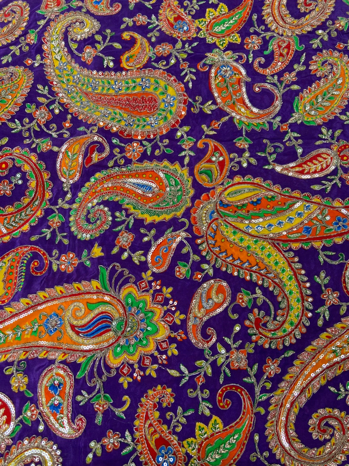 Multicolour Position Print With Heavy Cording Dori & Sequin On Purple Crepe fabric