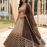 Zigzag Embroidered Lehanga Set in Beige to Coffee Ombre Shade in Pure Georgette fabric