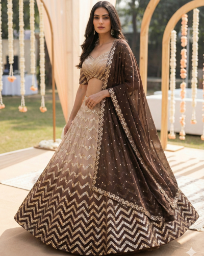 Zigzag Embroidered Lehanga Set in Beige to Coffee Ombre Shade in Pure Georgette fabric