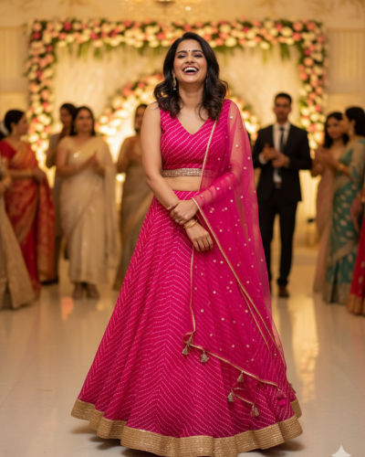 Lehariya Printed Georgette Lehanga Set in Rani Pink