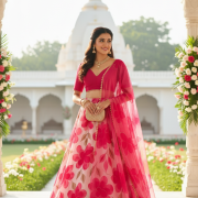 Floral Printed Organza Lehanga Set in Pink Colour