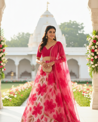 Floral Printed Organza Lehanga Set in Pink Colour