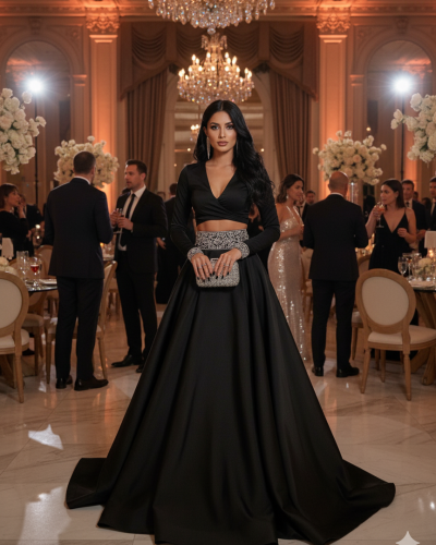 Plain Satin Lehanga Set in Black Colour