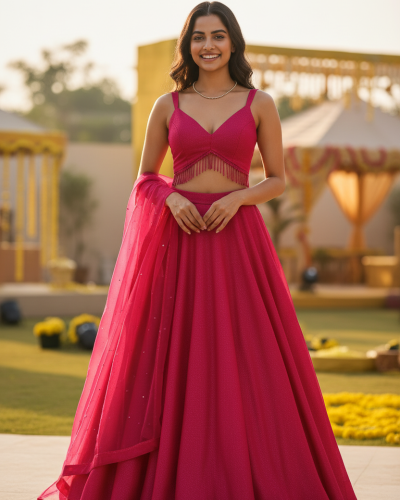 Plain Georgette Lehanga Set in Hot Pink Colour