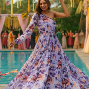 One Side Off Shoulder Floral Printed Georgette Gown in Lavendar Colour