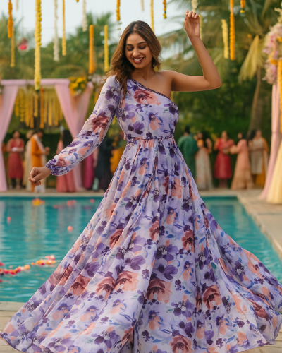 One Side Off Shoulder Floral Printed Georgette Gown in Lavendar Colour