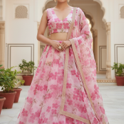 Floral Printed Organza Lehanga Set in Baby Pink Colour