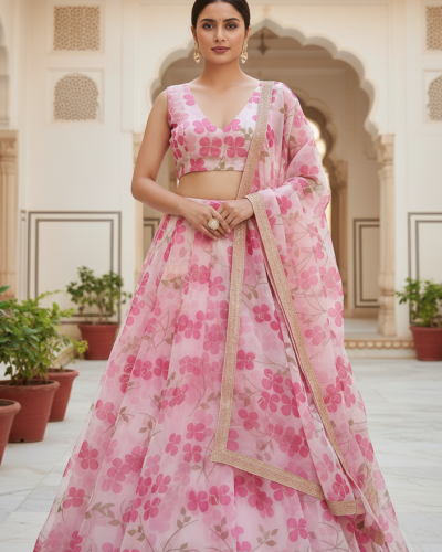 Floral Printed Organza Lehanga Set in Baby Pink Colour