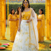 Floral Printed Organza Corset Lehanga Set in Off White Colour