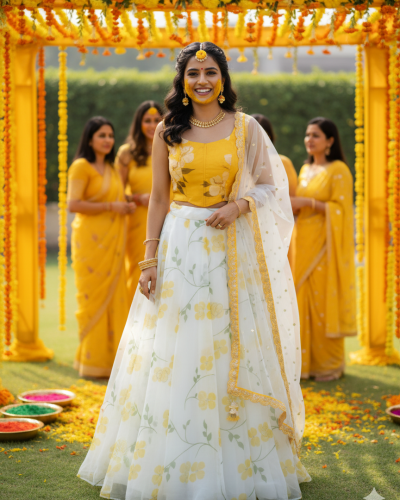 Floral Printed Organza Corset Lehanga Set in Off White Colour