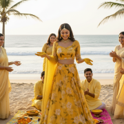 Floral Printed Organza Lehanga Set In Yellow Colour