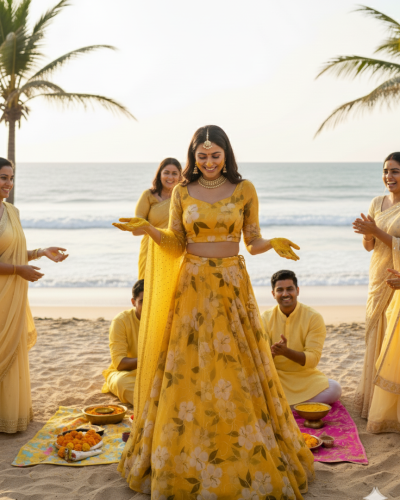 Floral Printed Organza Lehanga Set In Yellow Colour