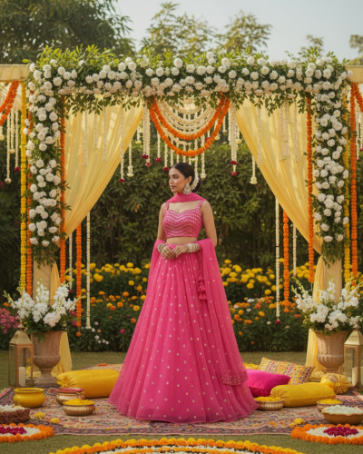 Net Butti Lehanga Set in Rani Pink Colour