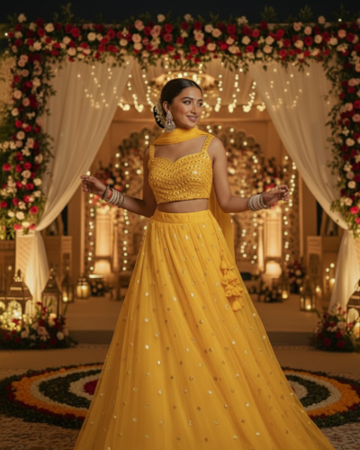 Net Butti Lehanga Set in Yellow Colour