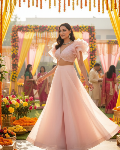 Plain Organza Plazo Set in Pastel Pink Colour