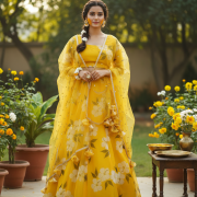 Floral Printed Organza Lehanga Set In Yellow Colour
