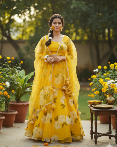 Floral Printed Organza Lehanga Set In Yellow Colour