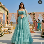 Flared Plain Net Lehanga Set in Powder Blue Colour